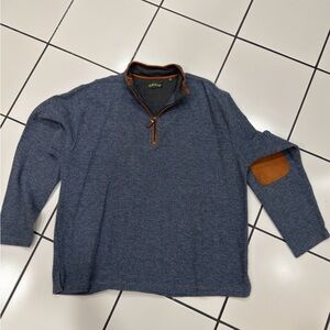 Orvis Simoom Tweed quarter-zip 
 Denim Blue Sweater with Leather Trim Sz XL